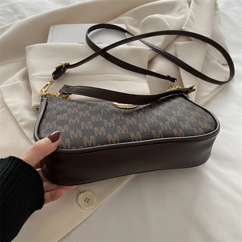 Vintage Style Handbag Crossbody Bag, Gold Letter 'M' Design Pu Leather Shoulder Messenger Bag, Synthetic Leather Tote Bag, Purse